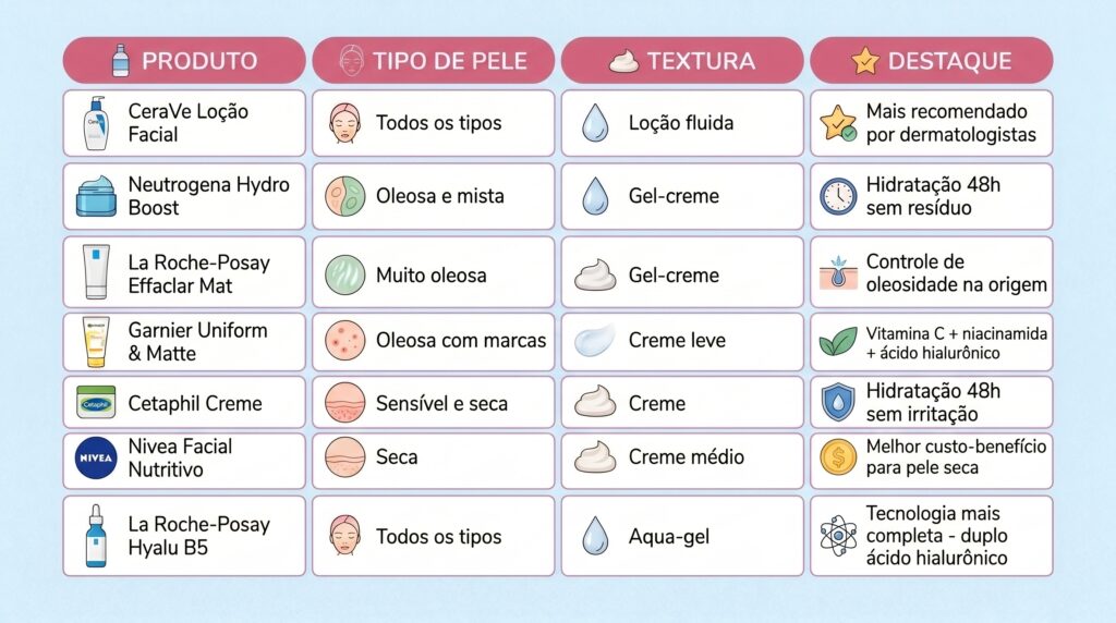 tabela comparativa dos 7 melhores hidratantes faciais de 2026 — linha 1: CeraVe Loção, ceramidas mais ácido hialurônico MVE, todos os tipos, mais recomendado por dermatologistas — linha 2: Neutrogena Hydro Boost, water-gel com ácido hialurônico, oleosa e mista, hidratação 48 horas — linha 3: La Roche-Posay Effaclar Mat, Sebulyse, muito oleosa, controle de sebo na fonte — linha 4: Garnier Uniform Matte, vitamina C mais niacinamida mais ácido hialurônico, oleosa com manchas, efeito matte 12 horas — linha 5: Cetaphil Creme, niacinamida mais pantenol mais glicerina, sensível e ressecada, hidratação 48 horas sem irritar — linha 6: Nivea Facial Nutritivo, karité mais vitaminas A C e E, pele seca, melhor custo-benefício para pele seca — linha 7: La Roche-Posay Hyalu B5, duplo ácido hialurônico mais vitamina B5, todos os tipos, tecnologia mais avançada da lista